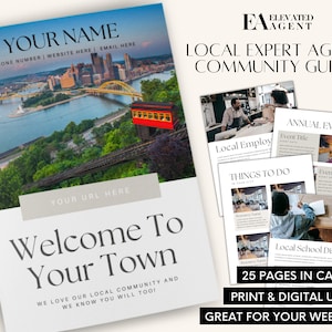 May include: A guide for real estate agents to help them connect with their local community. The guide includes information on local events, things to do, employment opportunities, and school districts. The guide is 25 pages long and can be used for both print and digital purposes. It is great for use on a website.