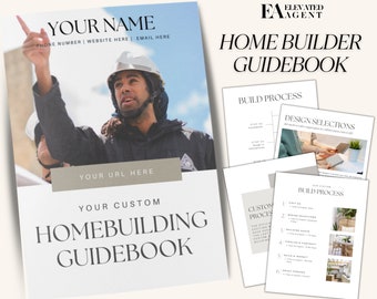 May include: A white guidebook with the title "Home Builder Guidebook" and a photo of a construction worker on the cover. The guidebook includes a custom homebuilding process and design selections.