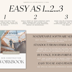 May include: A digital template for a new construction workbook. The template features a photo of a construction worker on a building site. The text "YOUR NAME" is at the top of the template, and the text "NEW CONSTRUCTION WORKBOOK" is at the bottom. The template is designed to be used by real estate agents to help them stand out from other agents.