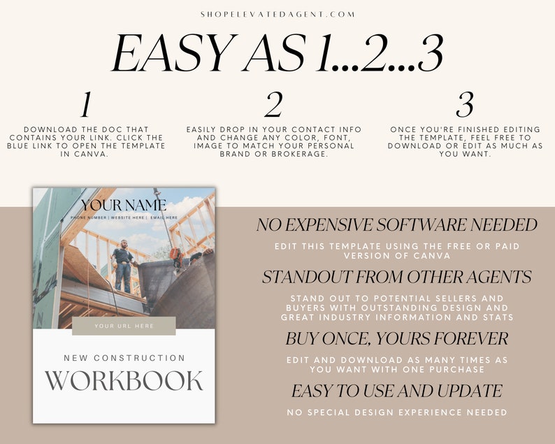 May include: A digital template for a new construction workbook. The template features a photo of a construction worker on a building site. The text "YOUR NAME" is at the top of the template, and the text "NEW CONSTRUCTION WORKBOOK" is at the bottom. The template is designed to be used by real estate agents to help them stand out from other agents.