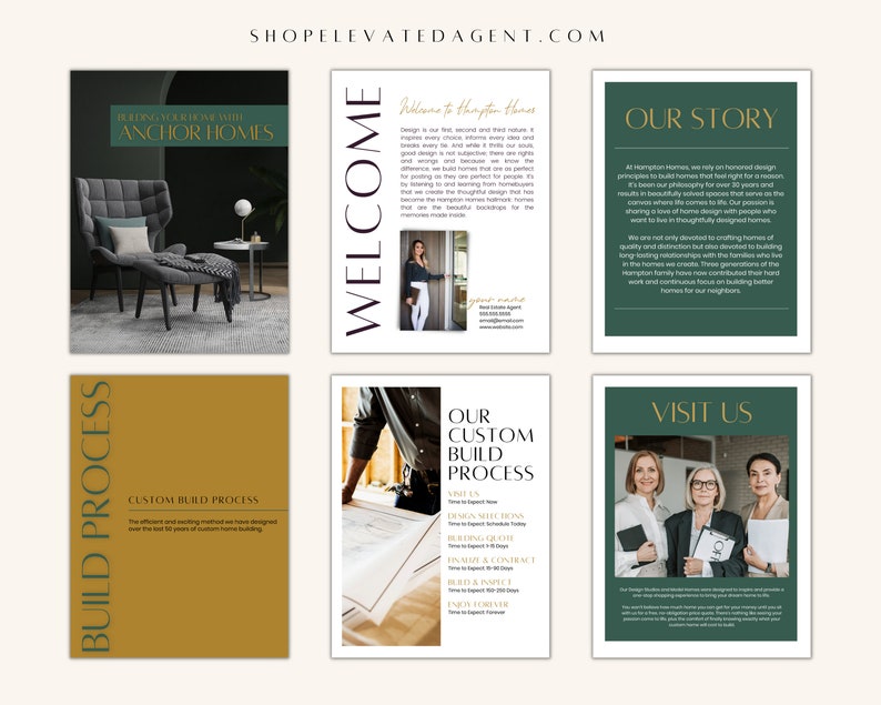 May include: A collage of six images promoting a custom home building company called Anchor Homes. The images feature a living room with a comfortable chair, a welcome message, a description of the company's story, a custom build process, a photo of a team of women, and a visit us message.