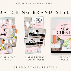 May include: A collection of social media graphics featuring a playful pink and green color scheme. The graphics include a "Just Sold" frame, a market update post, and a welcome packet for new clients.