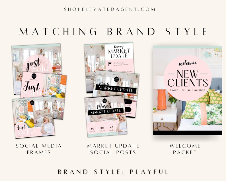 May include: A collection of social media graphics featuring a playful pink and green color scheme. The graphics include a "Just Sold" frame, a market update post, and a welcome packet for new clients.