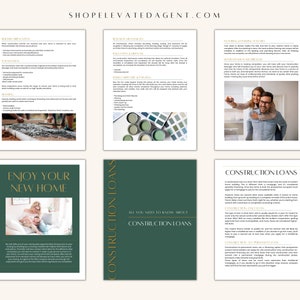 May include: A green and gold brochure with the text "Enjoy Your New Home" and "Construction Loans" on a white background. The brochure features a couple sitting on a couch in their new home.