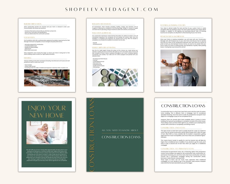 May include: A green and gold brochure with the text "Enjoy Your New Home" and "Construction Loans" on a white background. The brochure features a couple sitting on a couch in their new home.