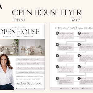 May include: Open house flyer for a modern and elegant dream home. The flyer features a photo of a real estate agent and a list of 10 reasons to love the home. The flyer also includes the text "Just Listed" and "Open House".