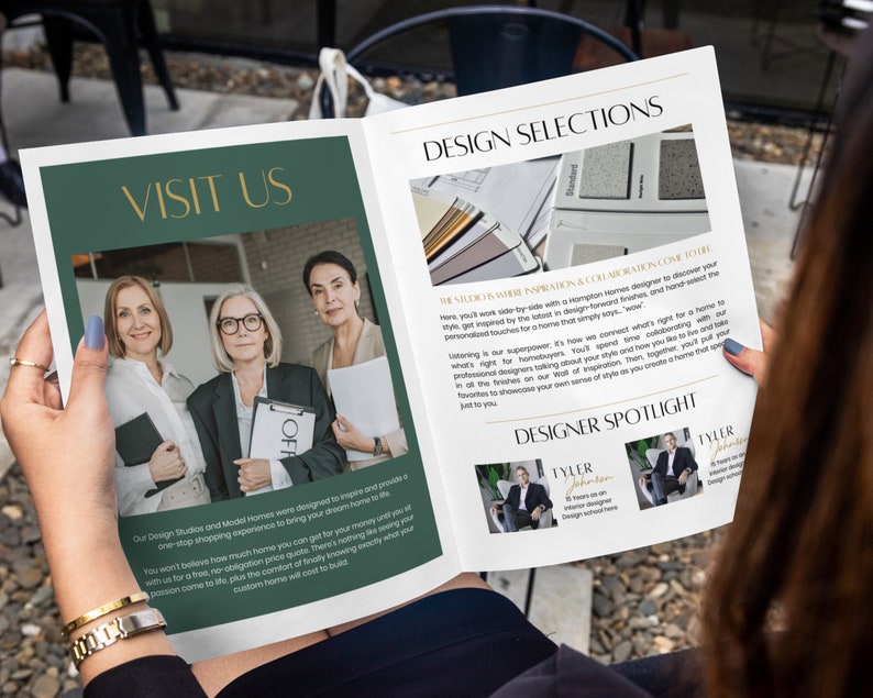 May include: A brochure with the title "Visit Us" and a photo of three women standing together. The brochure also features the title "Design Selections" and a photo of a variety of tile samples. The text on the brochure reads "The studio where inspiration & collaboration come to life. Here you'll work side-by-side with a Hampton's homes designer to discover your style inspired by the latest in design-forward finishes, and hand-select the personalized touches for a home that simply says, "wow."