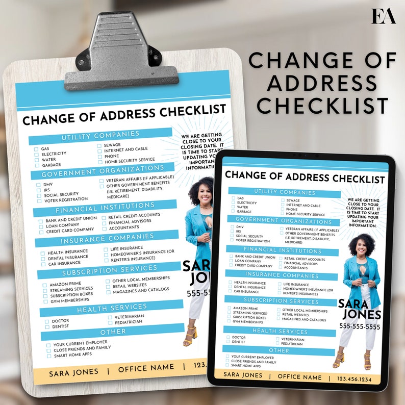 May include: A blue and white checklist for changing your address. The checklist includes categories for utility companies, government organizations, financial institutions, insurance companies, subscription services, health services, and other. The checklist also includes a space for your name, office name, and phone number. The text "Change of Address Checklist" is at the top of the checklist.