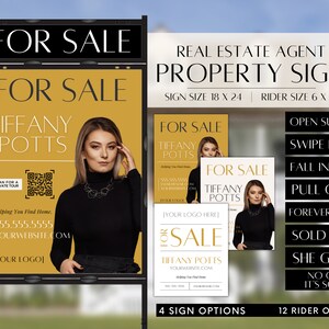 May include: A real estate agent property sign template with a gold background and a woman's photo. The sign says "For Sale" and includes the agent's name, Tiffany Potts, contact information, and a QR code. The sign also includes 12 rider options for the agent to choose from.