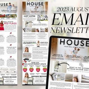 May include: A digital newsletter titled "House: Your Real Estate Insider" with a red and white illustration of a house and a couple standing in front of it. The newsletter features articles about real estate red flags, home value, and the difference between mildew and mold.
