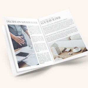 May include: Open book with the title "Decide on Your Builder" and "Questions to Ask Your Builder". The book is open to a page with text about asking questions to a builder and a page with a small white house figurine, a pair of glasses, and a cup of coffee on a wooden table.