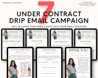 May include: A 7-part email drip campaign for real estate agents. The campaign includes emails for under contract, upcoming appraisal, meet the team, upcoming closing, closing information, inspections, and a thank you email. The emails are designed to be edited in Canva and then dragged and dropped into an email provider.