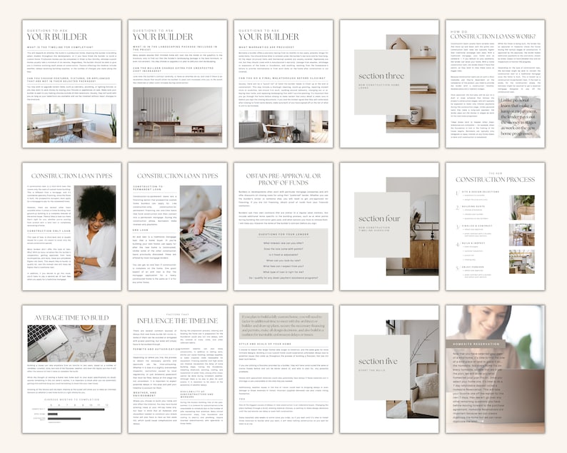 May include: A guide to building a home, with sections on construction loan types, obtaining pre-approval, the construction process, average time to build, and factors that influence the timeline. The guide includes images of interior design and home decor.
