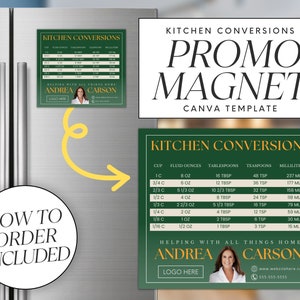 May include: A green and gold kitchen conversion chart magnet with a table listing cup measurements in fluid ounces, tablespoons, teaspoons, and milliliters. The magnet features a photo of a woman and the text "Helping with all things home. Andrea Carson."