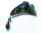 Artisan Handcrafted Green Copper Enamel Pin with Flameworked Lampworked Bead Dangle, Unique Kiln Fired Artisan Statement Jewelry Gift