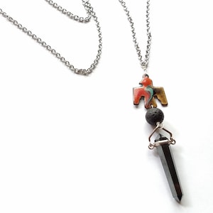 Essential Oil Diffuser Stress Relief Necklace Enamel Thunderbird, Lava Stone with Hematite point makes a Unique Aromatherapy Jewelry Gift image 1