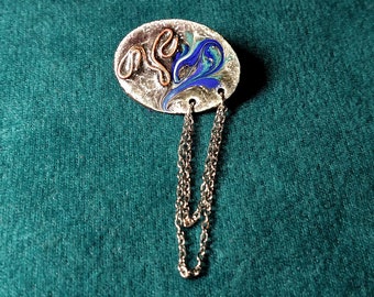 Copper Enamel Oval Pin with Chain Dangle makes a Unique Artisan Handcrafted Jewelry Gift