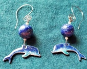 Blue Dolphin Earrings, Copper Enamel with LLapis and Pearl  makes a Unique Artisan Jewelry Gift