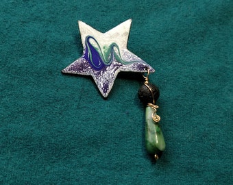 Essential Oil Diffuser Pin, Enamel Star with Lava Stone & African Jade Teardrop Dangle, Unique Artisan Handcrafted Aromatherapy Jewelry Gift