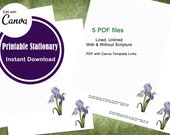 Printable Letter Writing Stationery | Watercolor Floral Purple Iris | Printable Instant Download | Lined and Unlined Letter Writing Paper