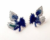 Blue and White Copper Enamel Leaf Stud Earrings, Unique Gift, Unique Kiln Fired Artisan Statement Jewelry Gift