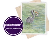 Watercolor Blue Heron Note Card, Stationary, Printable Card and Envelope, Instant Download, Blank Digital Card