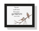 Framed Watercolor Bird Bible Verse Wall Art  | You are worth more than many sparrows | Watercolor Sparrows | Framed Art Print