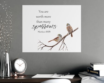 Watercolor Bird Bible Verse Wall Art  | You are worth more than many sparrows | Watercolor Sparrows |  Art Print