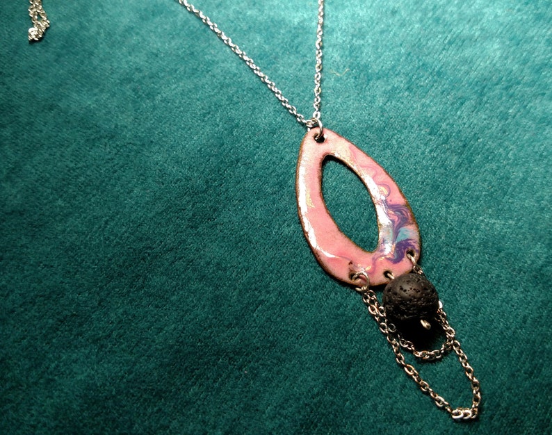 Essential Oil Diffuser Necklace, Pink and Purple Copper Enamel with Lava Stone makes a Unique Artisan Handcrafted Aromatherapy Jewelry Gift image 1