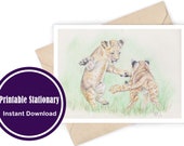 Lion Cubs Playing, Hand Drawn Colored Pencil Sketch, Printable Card and Envelope, Instant Download, Blank Digital Card, 5.5" x 4.25"