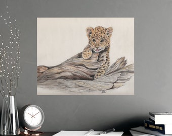 Leopard Cub on a Log Colored Pencil Drawing Big Cat Art Print Office Wall Art Decor