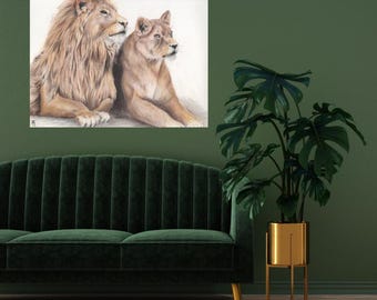 Wall Art Print, Lion Couple, Colored Pencil Drawing, Wildlife Big Cat Fine Art Print Office Wall Art Decor, Animal Lover Gift