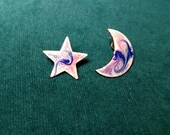 Pink and Purple Copper Enamel Crescent Moon and Star Stud Earring, Unique Gift, Unique Kiln Fired Artisan Statement Jewelry Gift