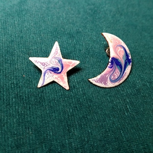 Pink and Purple Copper Enamel Crescent Moon and Star Stud Earring, Unique Gift, Unique Kiln Fired Artisan Statement Jewelry Gift