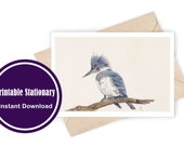 Watercolor Kingfisher Note Card, Stationary, Printable Card and Envelope, Instant Download, Blank Digital Card