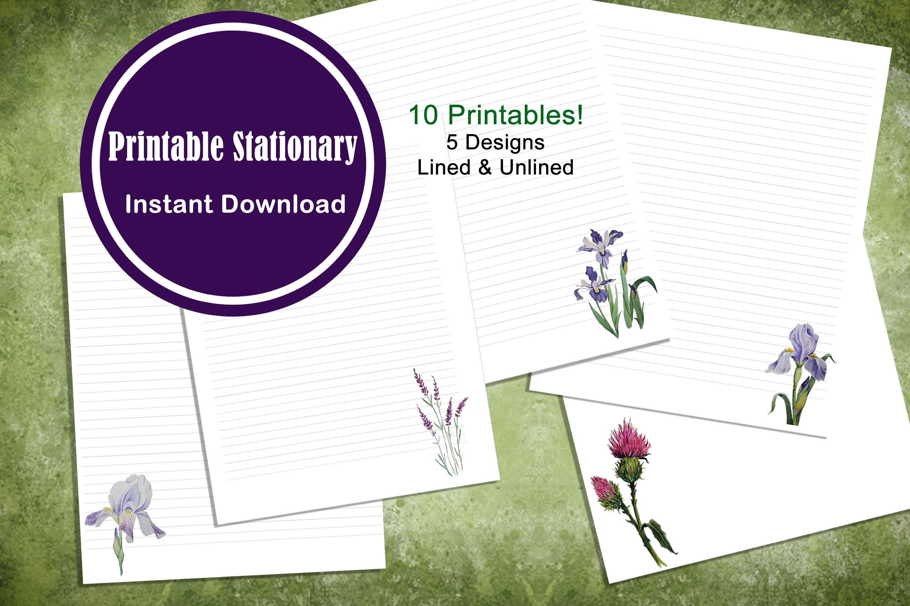 Printable Letter Writing Stationery Bundle Paper With Watercolor Flowers | 10 Printable Lined ...