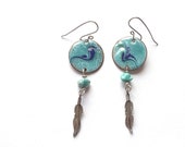 Copper Enamel Dangle Earrings with Turquoise and Sterling Silver Feathers, Unique Kiln Fired Artisan Statement Jewelry Gift