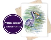 Watercolor Blue Heron Note Card, Stationary, Printable Card and Envelope, Instant Download, Blank Digital Card