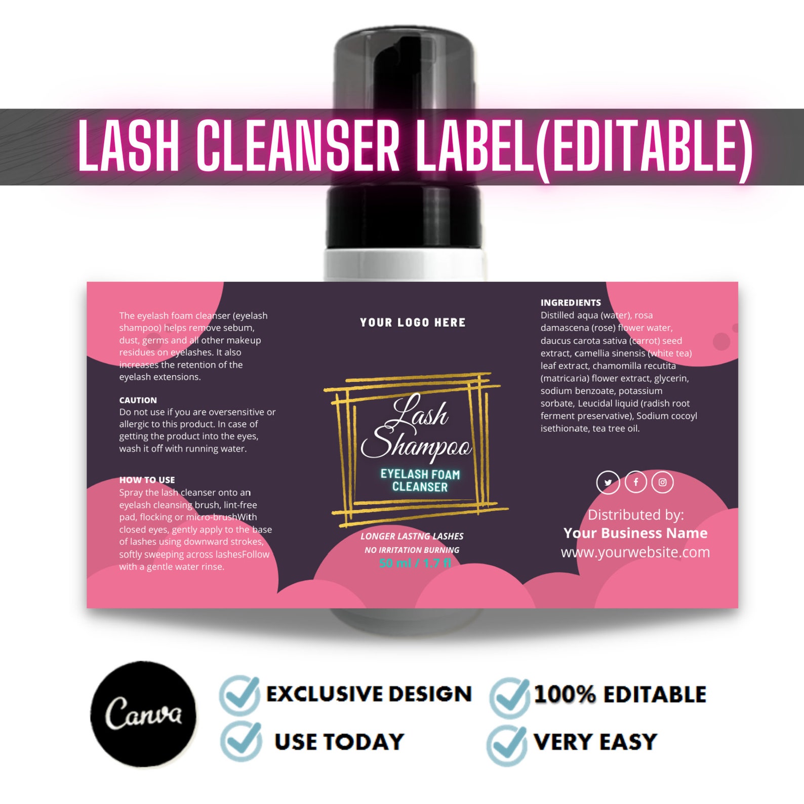 Eyelash Cleanser Foam bottle label Lash bath labels DIY Lash Etsy