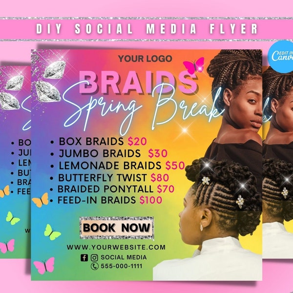 Spring Break Braid & Lash Special Flyer| DIY April Flash Sale Hair Braiding Knotless Stitch Lemonade Social Media Editable Canva Template