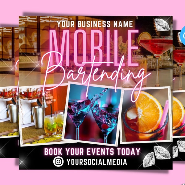 Mobile Bartending Flyer + DIY Mixologist Bartender Drink Services  Party +  Even flyer + Social Media Editable Canva Template