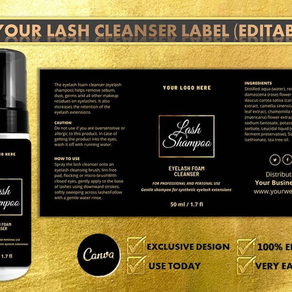 Eyelash Cleanser Foam bottle label, Lash bath labels, DIY Lash Labels, Editable Template, Lash Shampoo Label, Product Packaging Design