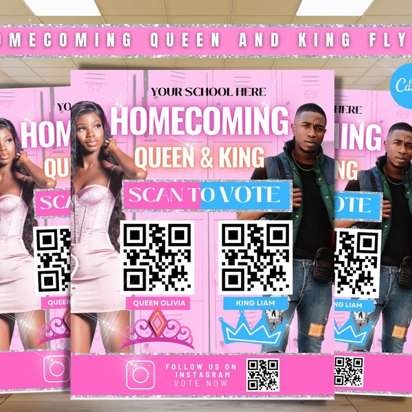 Homecoming queen and King flyer, Scan To vote flyer, High School vote Queen and king template, social media flyer, Editable canva template