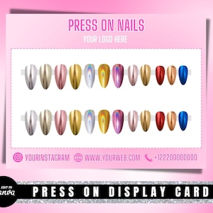 Modelo de cartão de exposição editável para unhas postiças, embalagem para unhas postiças, modelo editável para Canva, negócio para unhas postiças, download instantâneo
