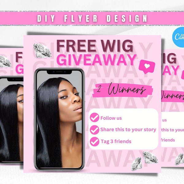 Wig giveaway flyer, giveaway flyer, contest event flyer, marketing flyer, giveaway canva template, social media flyer