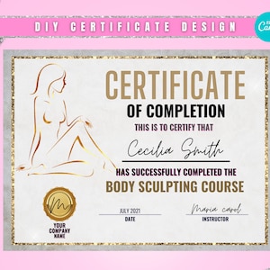 Certificate of Completion Template, Body Sculpting Certificate editable, Body contouring certificate, Body Sculpting Certificate