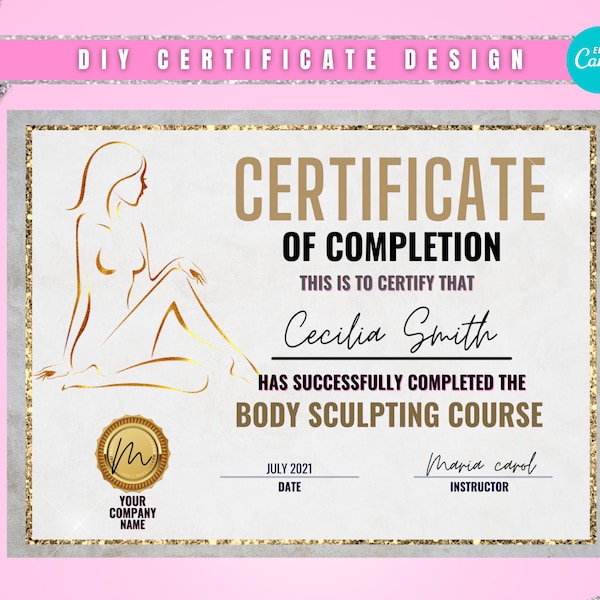 Certificate of Completion Template, Body Sculpting Certificate editable, Body contouring certificate, Body Sculpting Certificate