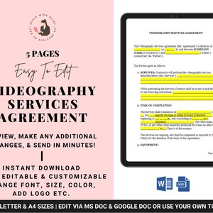 Editable Videography Service Agreement  Microsoft Word  Video Contract  Video Agreement  Video Form  Simple Filming Contract Videographer