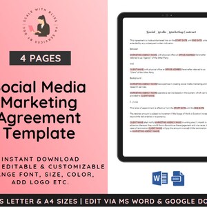 Social Media Marketing Agreement Template, Digital Marketing Contract, Social Media Service Agreement, Marketing Manager Contract, SMM