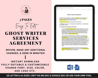 Editable Ghost Writer Contract Writer Contract Editor Agreement Content Creator Agreement Ghost Writing Contract Template Content Writing